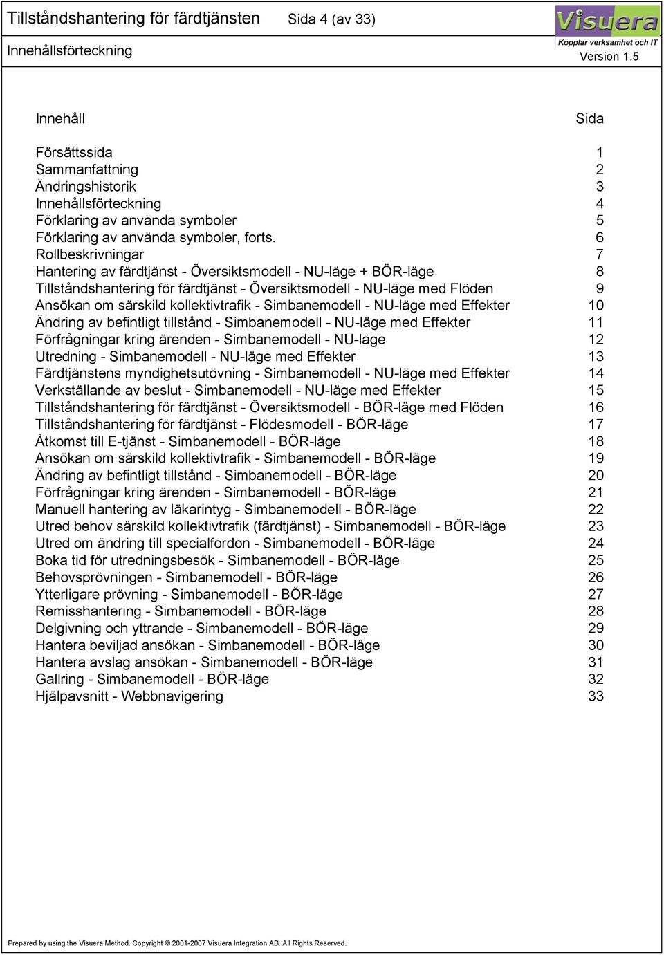 6 Rollbeskrivningar 7 Hantering av färdtjänst - Översiktsmodell - NU-läge + BÖR-läge 8 Tillståndshantering för färdtjänst - Översiktsmodell - NU-läge med Flöden 9 Ansökan om särskild kollektivtrafik