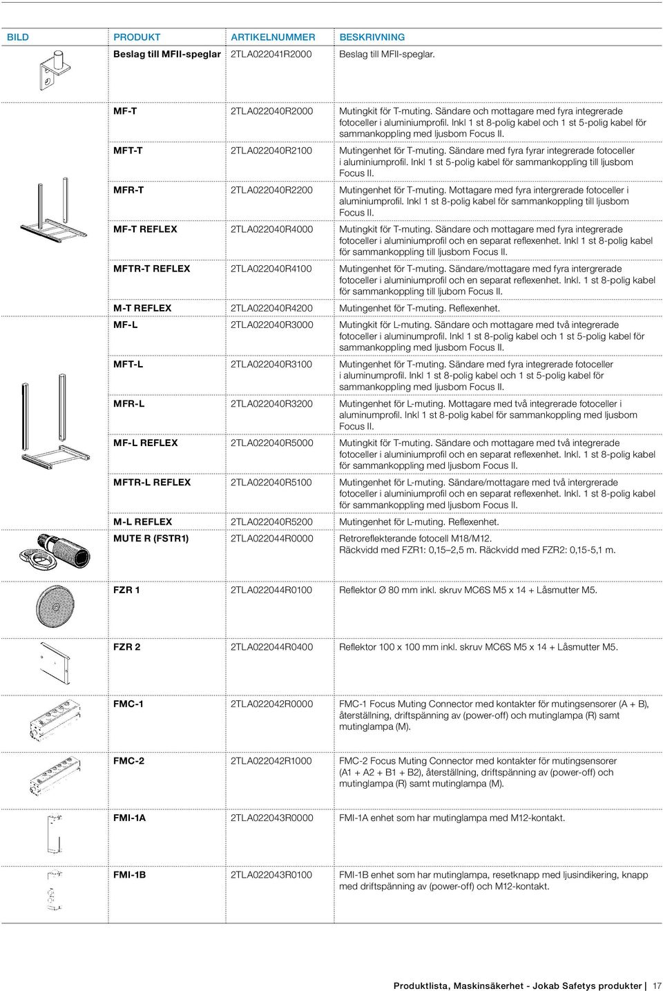 Inkl 1 st 5-polig kabel för sammankoppling till ljusbom Focus II. MFR-T 2TLA022040R2200 Mutingenhet för T-muting. Mottagare med fyra intergrerade fotoceller i aluminiumprofil.