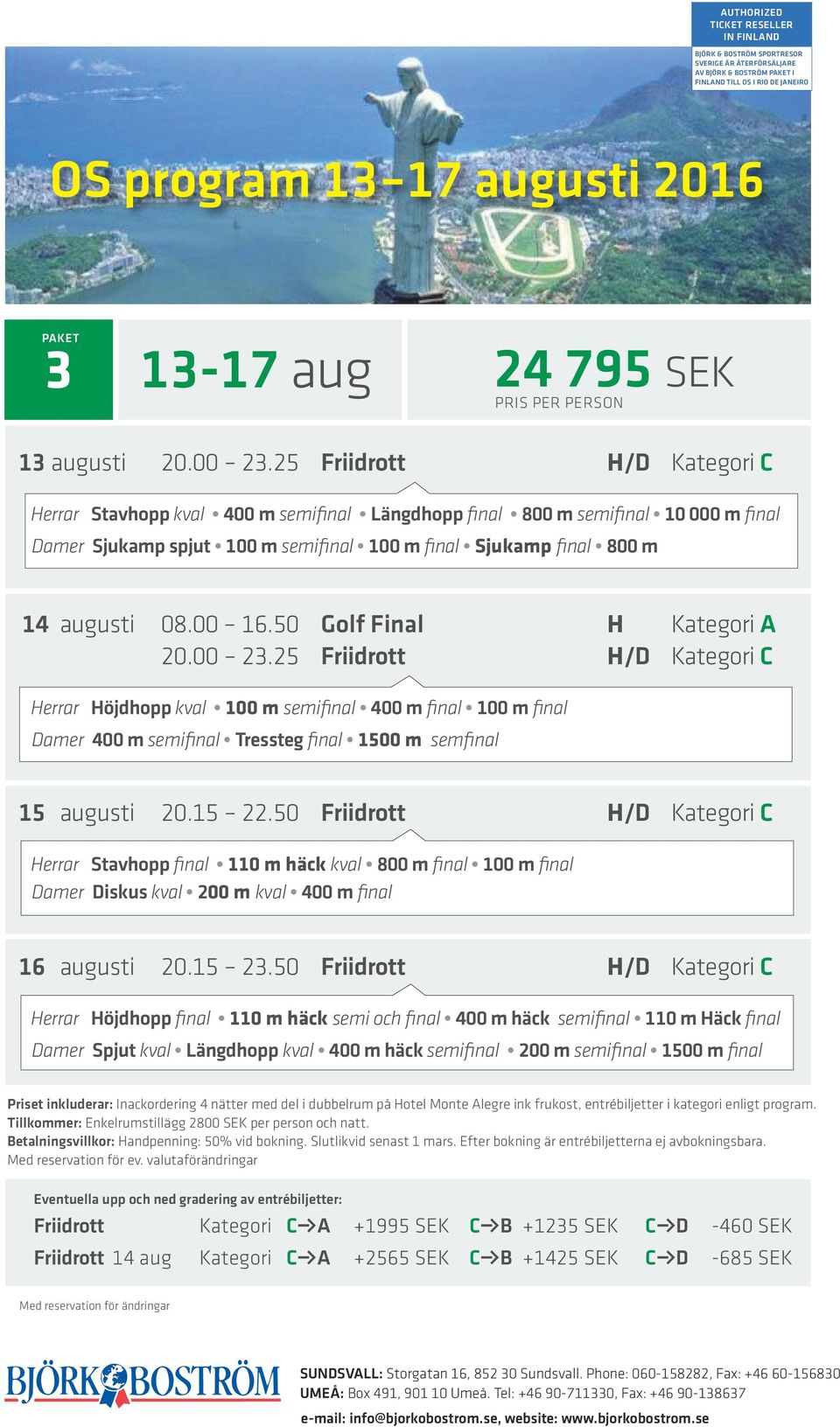 50 Golf Final H Kategori A 20.00 23.25 Friidrott H/D Kategori C Herrar Höjdhopp kval 100 m semifinal 400 m final 100 m final Damer 400 m semifinal Tressteg final 1500 m semfinal 15 augusti 20.15 22.
