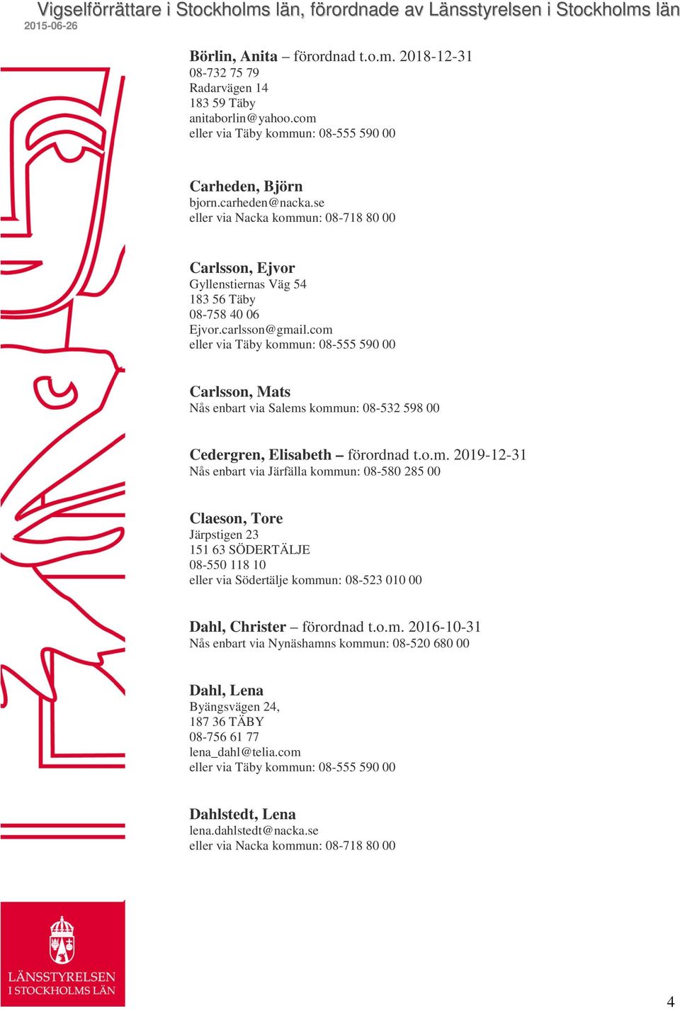 com eller via Täby kommun: 08-555 590 00 Carlsson, Mats Nås enbart via Salems kommun: 08-532 598 00 Cedergren, Elisabeth förordnad t.o.m. 2019-12-31 Nås enbart via Järfälla kommun: 08-580 285 00 Claeson, Tore Järpstigen 23 151 63 SÖDERTÄLJE 08-550 118 10 eller via Södertälje kommun: 08-523 010 00 Dahl, Christer förordnad t.