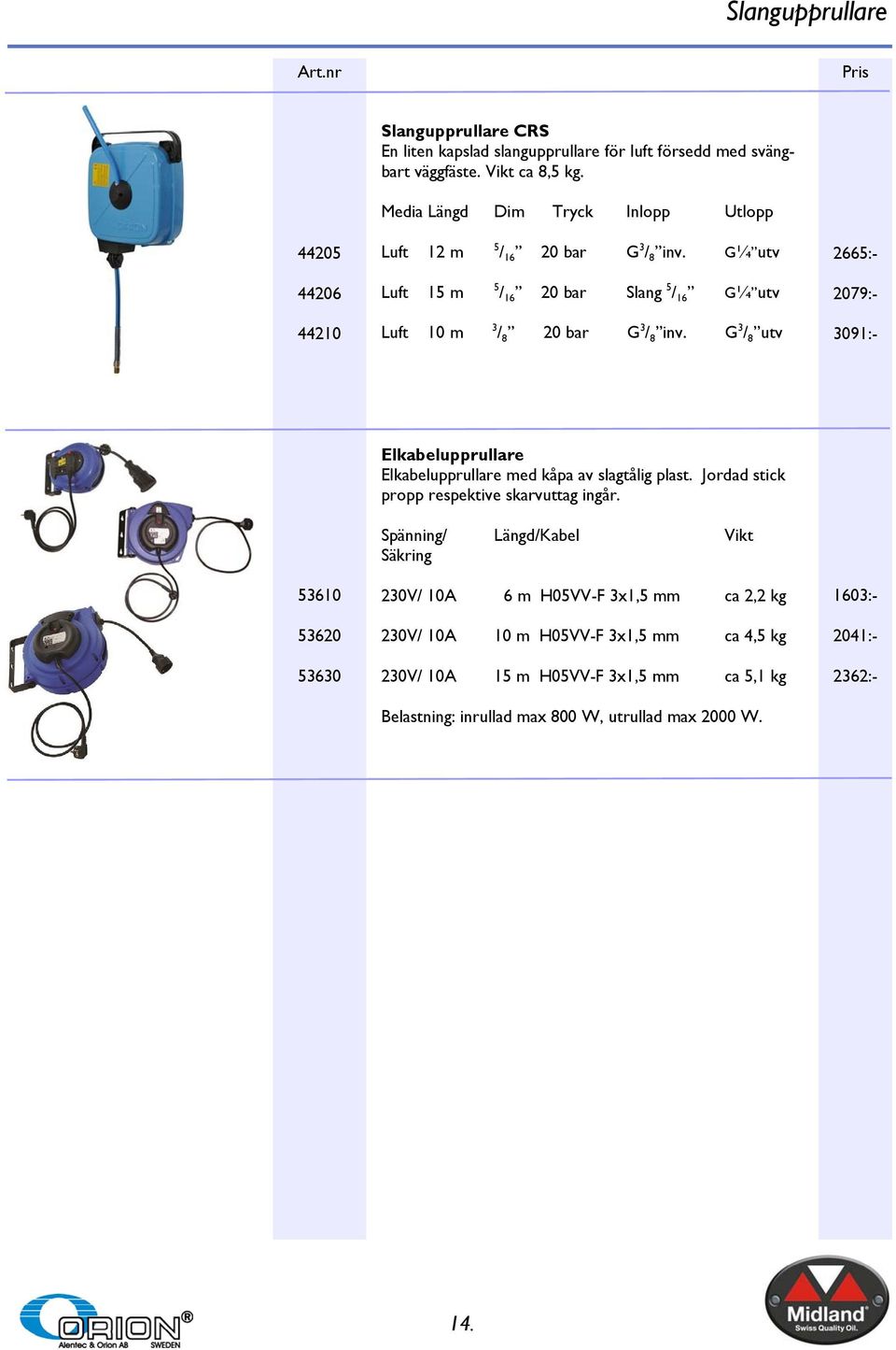 G¼ utv 2665:- 44206 Luft 15 m 5 / 16 20 bar Slang 5 / 16 G¼ utv 2079:- 44210 Luft 10 m 3 / 8 20 bar G 3 / 8 inv.