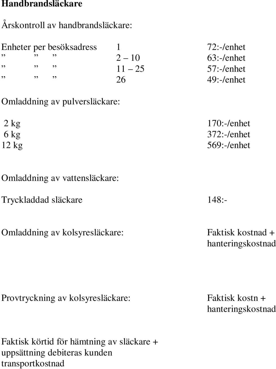 vattensläckare: Tryckladdad släckare 148:- Omladdning av kolsyresläckare: Faktisk kostnad + hanteringskostnad Provtryckning