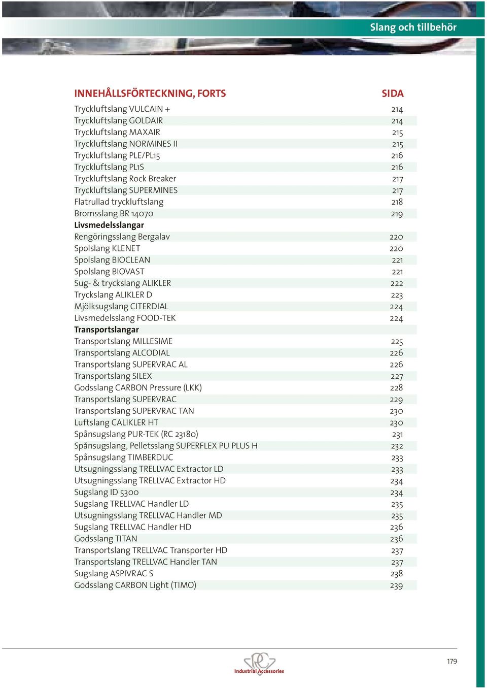 BIOCLEAN 221 Spolslang BIOVAST 221 Sug- & tryckslang ALIKLER 222 Tryckslang ALIKLER D 223 Mjölksugslang CITERDIAL 224 Livsmedelsslang FOOD-TEK 224 Transportslangar Transportslang MILLESIME 225