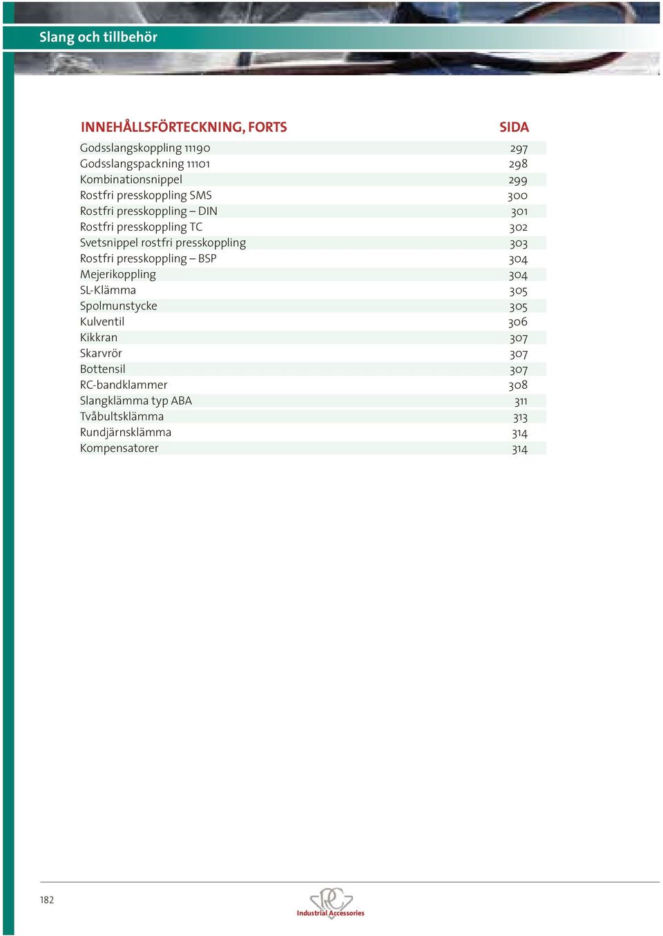 rostfri presskoppling 303 Rostfri presskoppling BSP 304 Mejerikoppling 304 SL-Klämma 305 Spolmunstycke 305 Kulventil 306