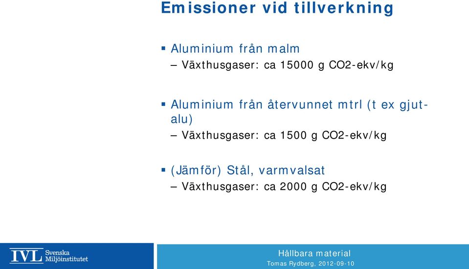 återvunnet mtrl (t ex gjutalu) Växthusgaser: ca 1500 g