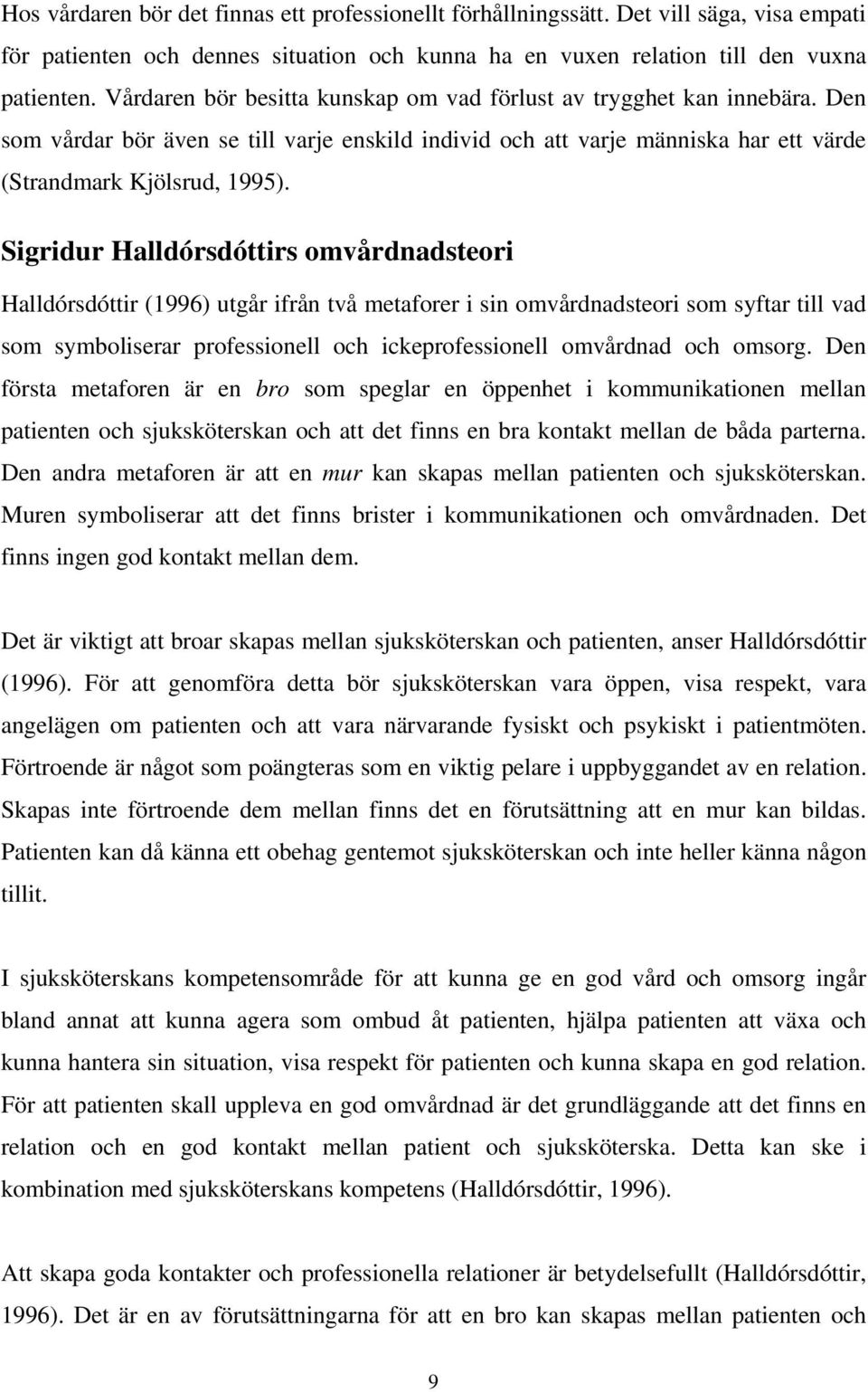 Sigridur Halldórsdóttirs omvårdnadsteori Halldórsdóttir (1996) utgår ifrån två metaforer i sin omvårdnadsteori som syftar till vad som symboliserar professionell och ickeprofessionell omvårdnad och