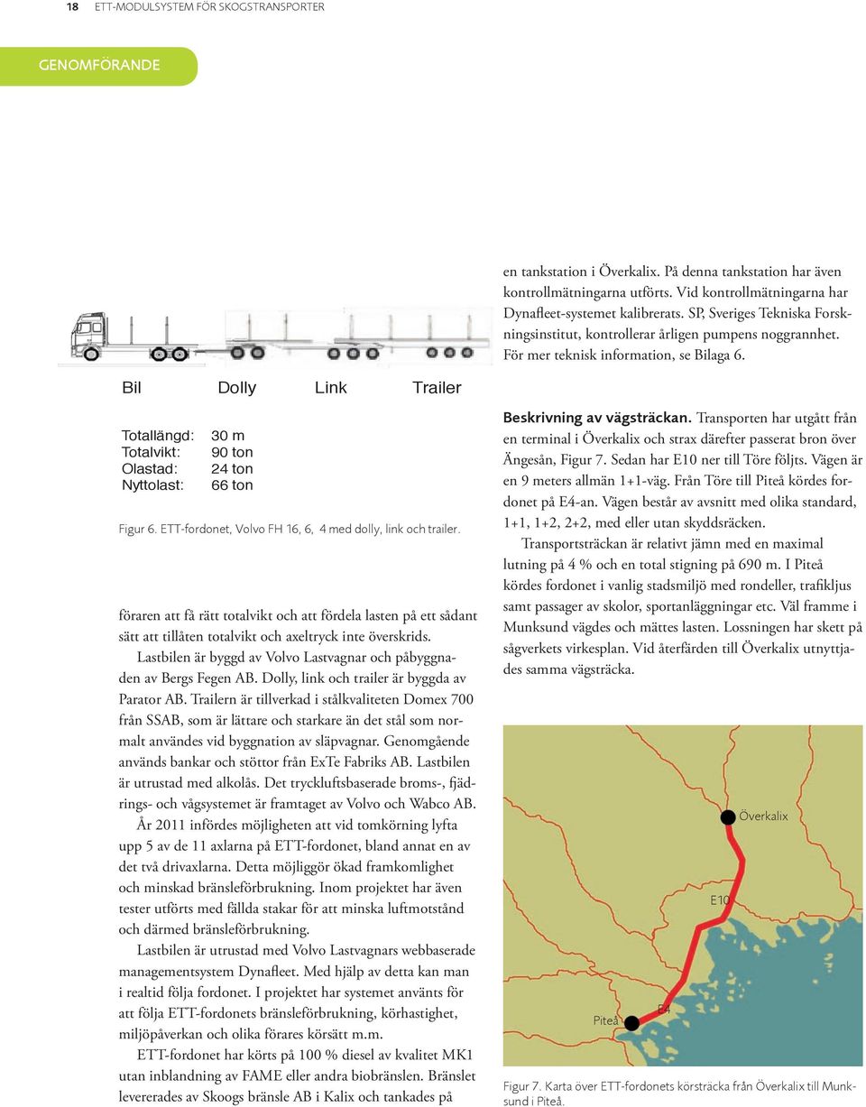 Bil Dolly Link Trailer Totallängd: Totalvikt: Olastad: Nyttolast: 30 m 90 ton 24 ton 66 ton Figur 6. ETT-fordonet, Volvo FH 16, 6, 4 med dolly, link och trailer.