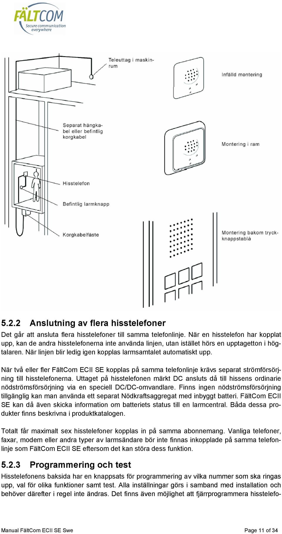 När två eller fler FältCom ECII SE kopplas på samma telefonlinje krävs separat strömförsörjning till hisstelefonerna.