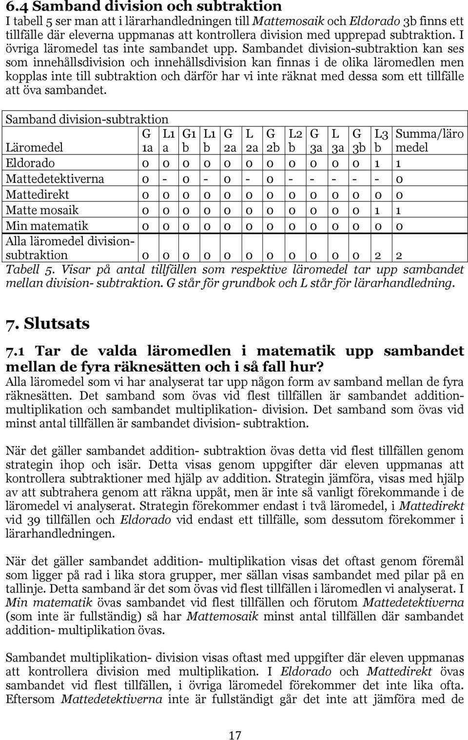 Sambandet division-subtraktion kan ses som innehållsdivision och innehållsdivision kan finnas i de olika läromedlen men kopplas inte till subtraktion och därför har vi inte räknat med dessa som ett