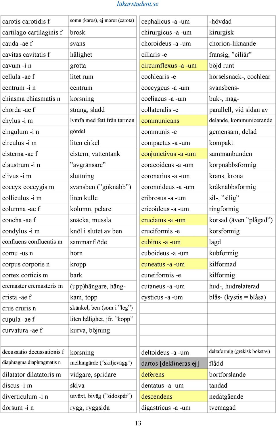 svansbenschiasma chiasmatis n korsning coeliacus -a -um buk-, magchorda -ae f sträng, sladd collateralis -e parallell, vid sidan av chylus -i m lymfa med fett från tarmen communicans delande,