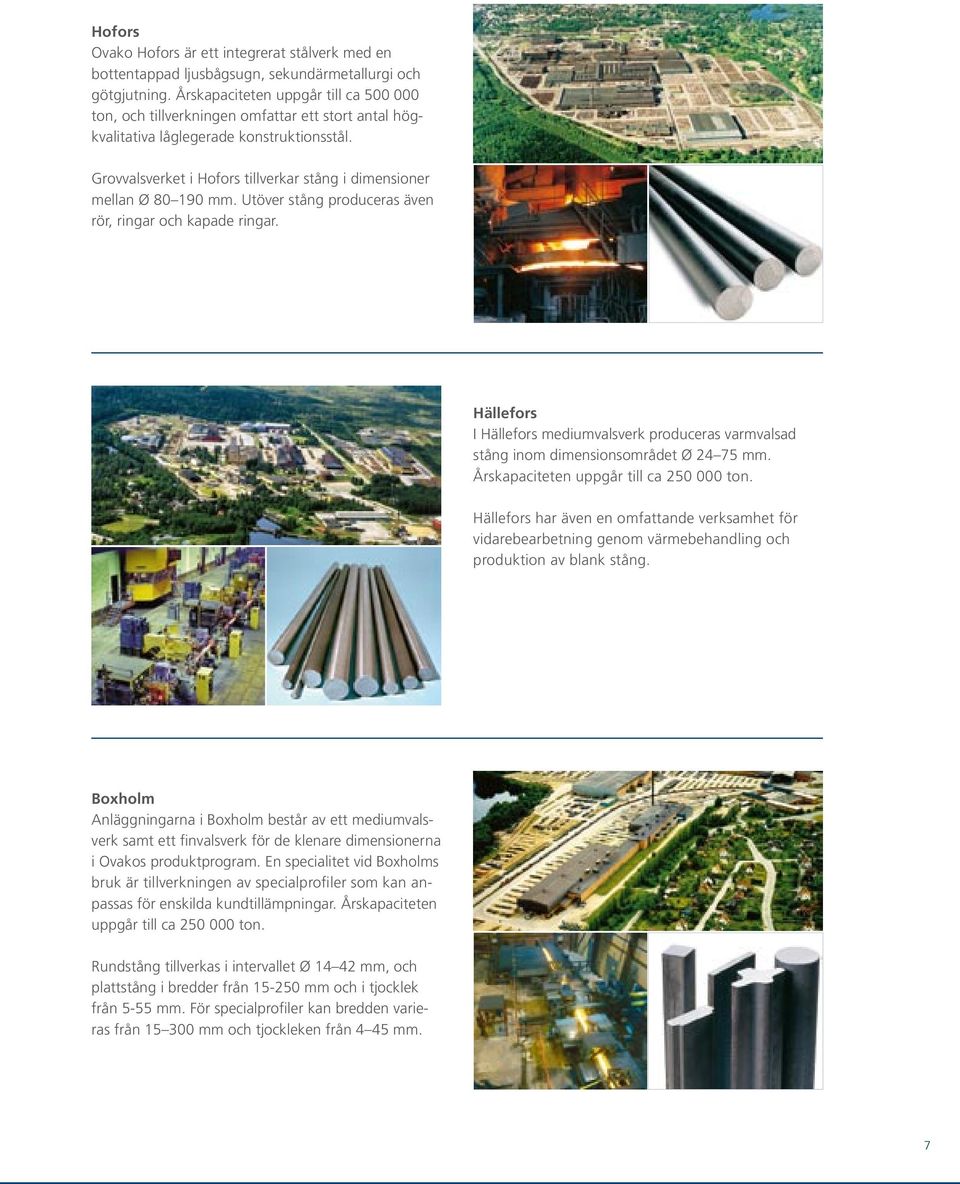 Grovvalsverket i Hofors tillverkar stång i dimensioner mellan Ø 80 190 mm. Utöver stång produceras även rör, ringar och kapade ringar.