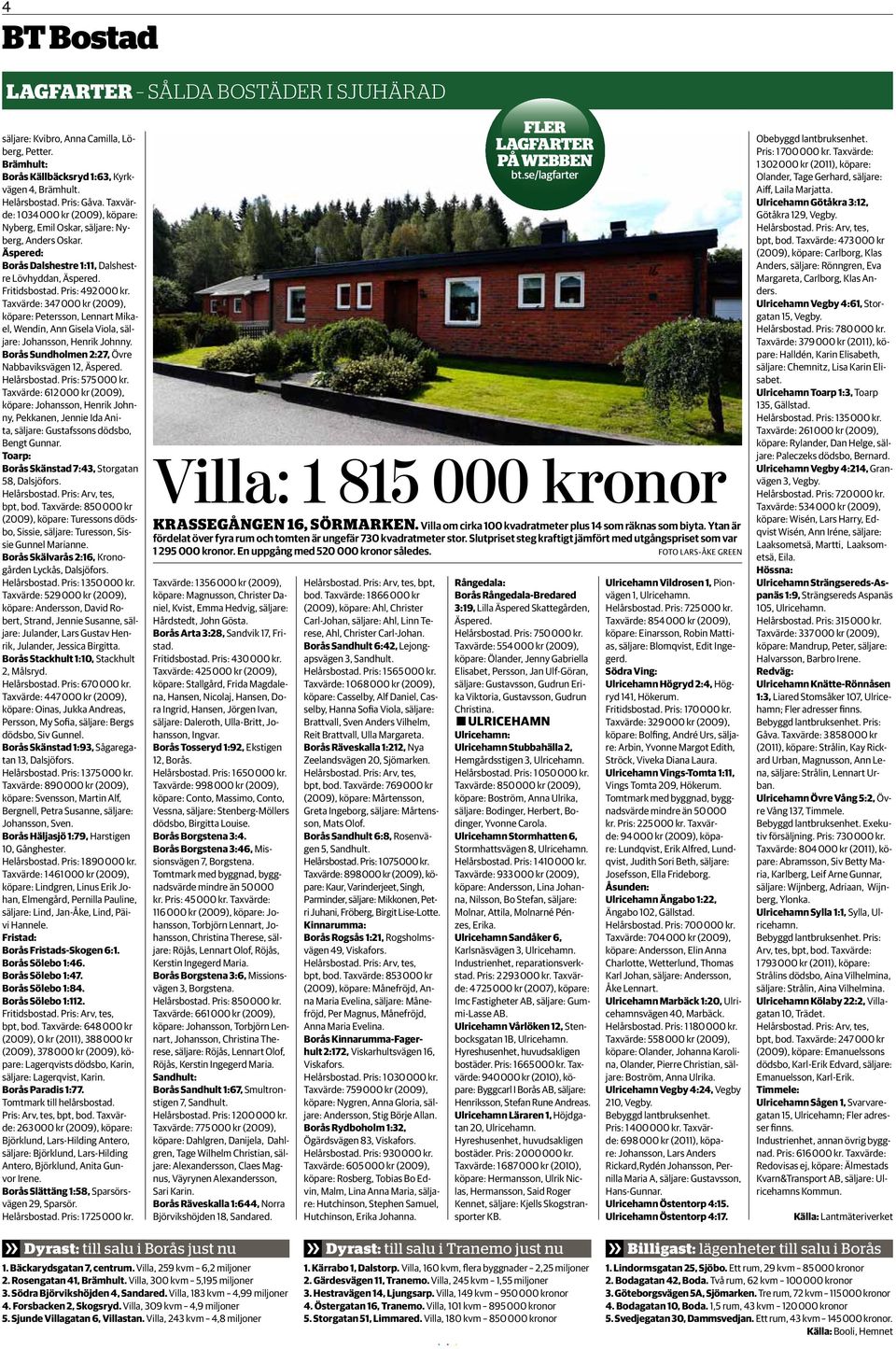 Taxvärde: 347 000 kr (2009), köpare: Petersson, Lennart Mikael, Wendin, Ann Gisela Viola, säljare: Johansson, Henrik Johnny. Borås Sundholmen 2:27, Övre Nabbaviksvägen 12, Äspered. Helårsbostad.