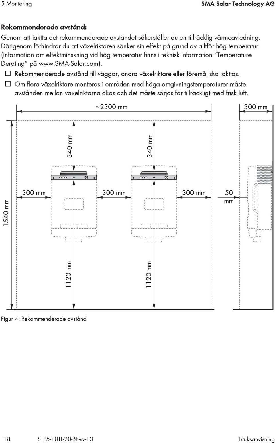 Temperature Derating på www.sma-solar.com). Rekommenderade avstånd till väggar, andra växelriktare eller föremål ska iakttas.