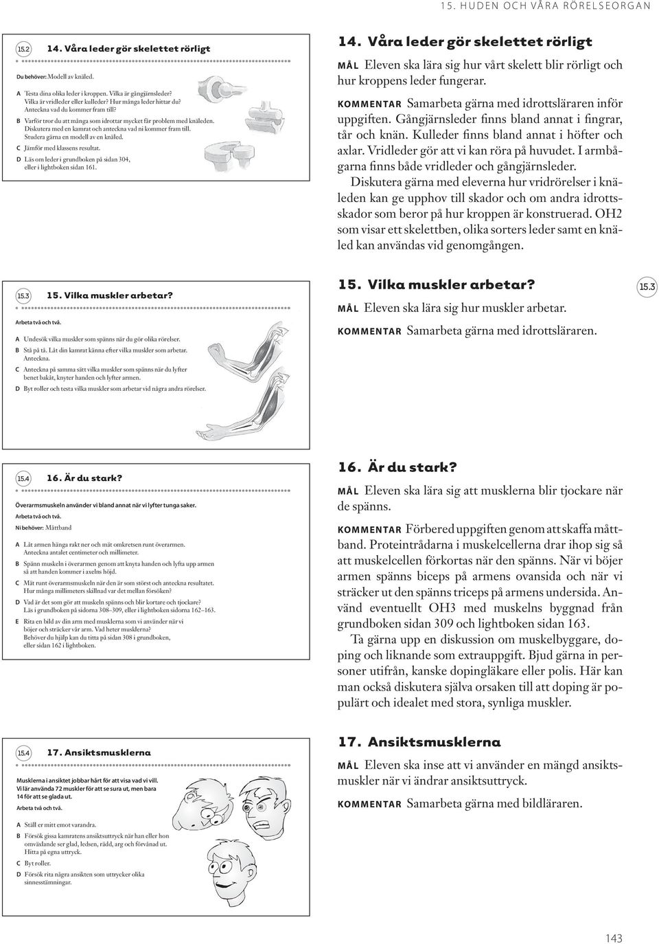 D Läs om leder i grundboken på sidan 304, eller i lightboken sidan 161. 14. Våra leder gör skelettet rörligt MÅL Eleven ska lära sig hur vårt skelett blir rörligt och hur kroppens leder fungerar.