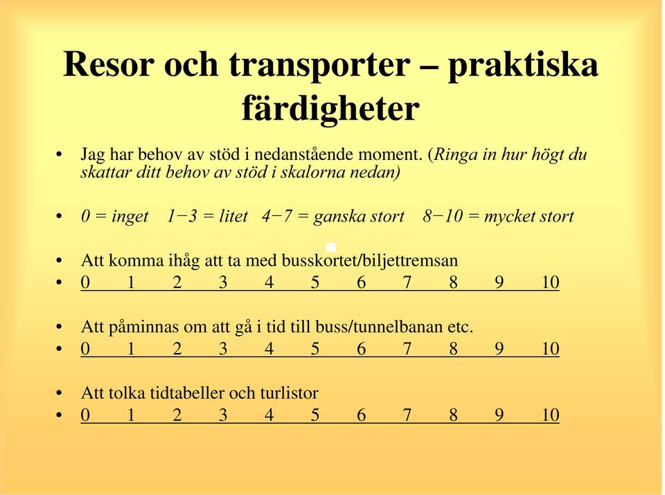 stort 8 10 = mycket stort Att komma ihåg att ta med busskortet/biljettremsan 0 1 2 3 4 5 6 7 8 9 10 Att