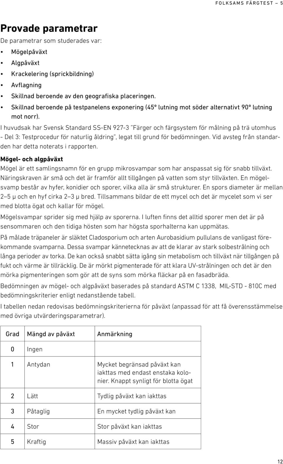 I huvudsak har Svensk Standard SS-EN 927-3 Färger och färgsystem för målning på trä utomhus - Del 3: Testprocedur för naturlig åldring, legat till grund för bedömningen.