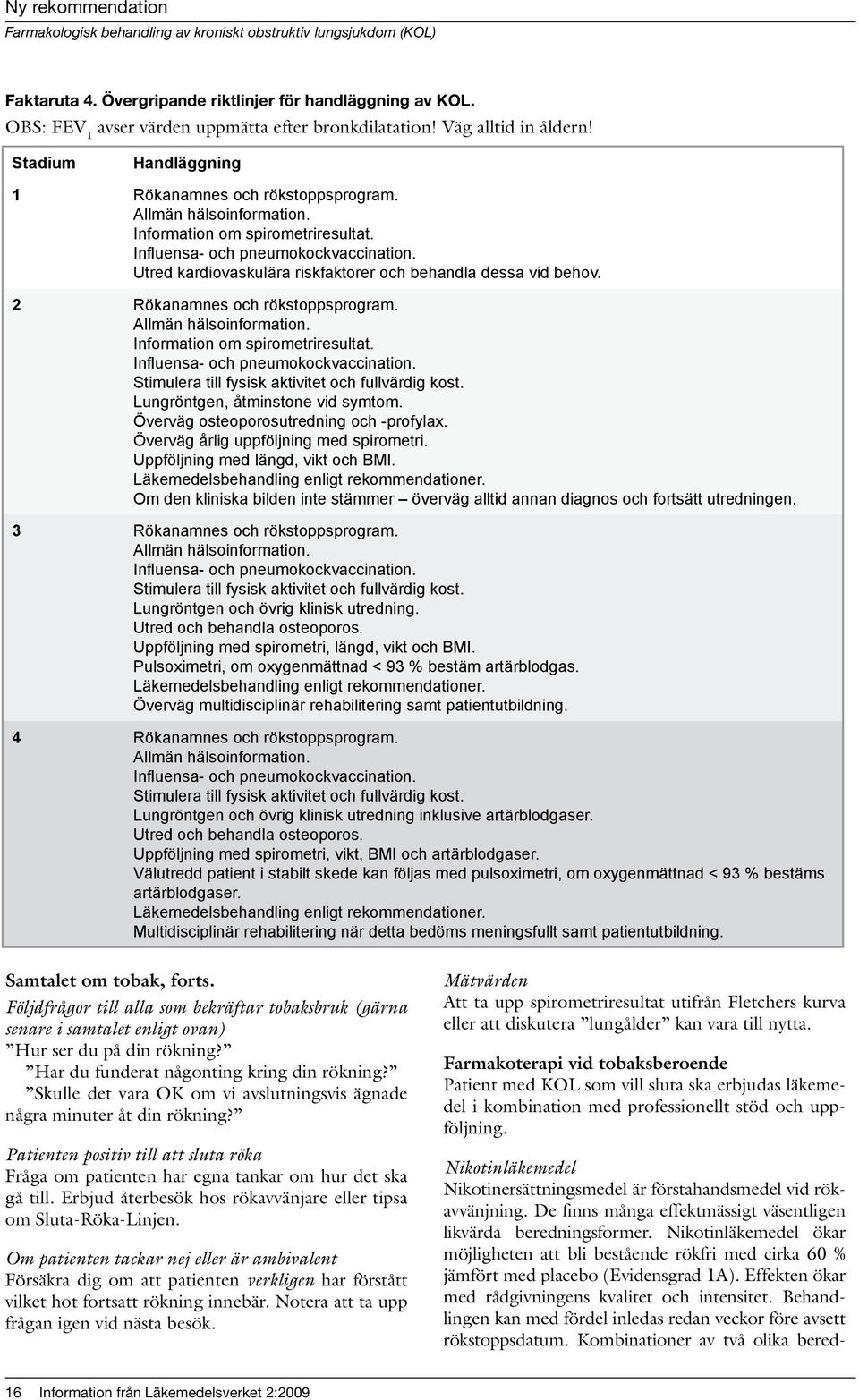 Allmän hälsoinformation. Information om spirometriresultat. Influensa- och pneumokockvaccination. Stimulera till fysisk aktivitet och fullvärdig kost. Lungröntgen, åtminstone vid symtom.