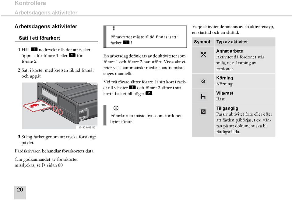 Om godkännandet av förarkortet misslyckas, se sidan 80 101808/031R01! Förarkortet måste alltid finnas isatt i facket q! En arbetsdag definieras av de aktiviteter som förare 1 och förare 2 har utfört.