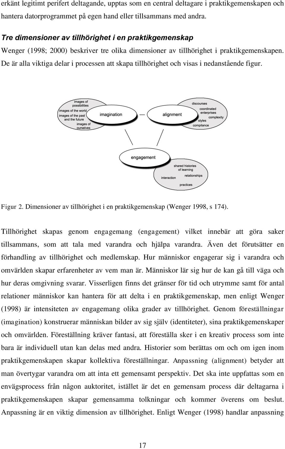 De är alla viktiga delar i processen att skapa tillhörighet och visas i nedanstående figur. Figur 2. Dimensioner av tillhörighet i en praktikgemenskap (Wenger 1998, s 174).