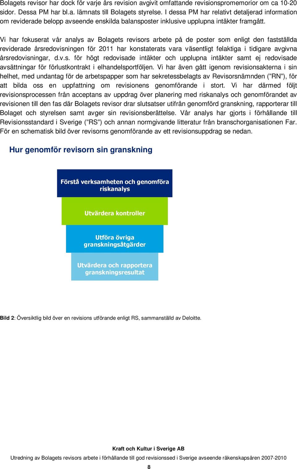 Vi har fokuserat vår analys av Bolagets revisors arbete på de poster som enligt den fastställda reviderade årsredovisningen för 2011 har konstaterats vara väsentligt felaktiga i tidigare avgivna