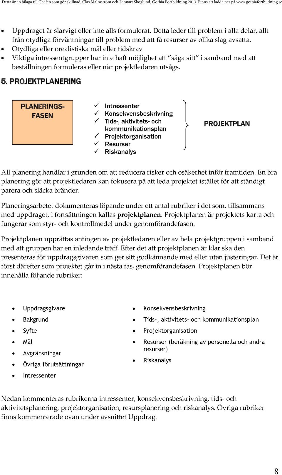 PROJEKTPLANERING PLANERINGS- FASEN Intressenter Konsekvensbeskrivning Tids-, aktivitets- och kommunikationsplan Projektorganisation Resurser Riskanalys PROJEKTPLAN All planering handlar i grunden om