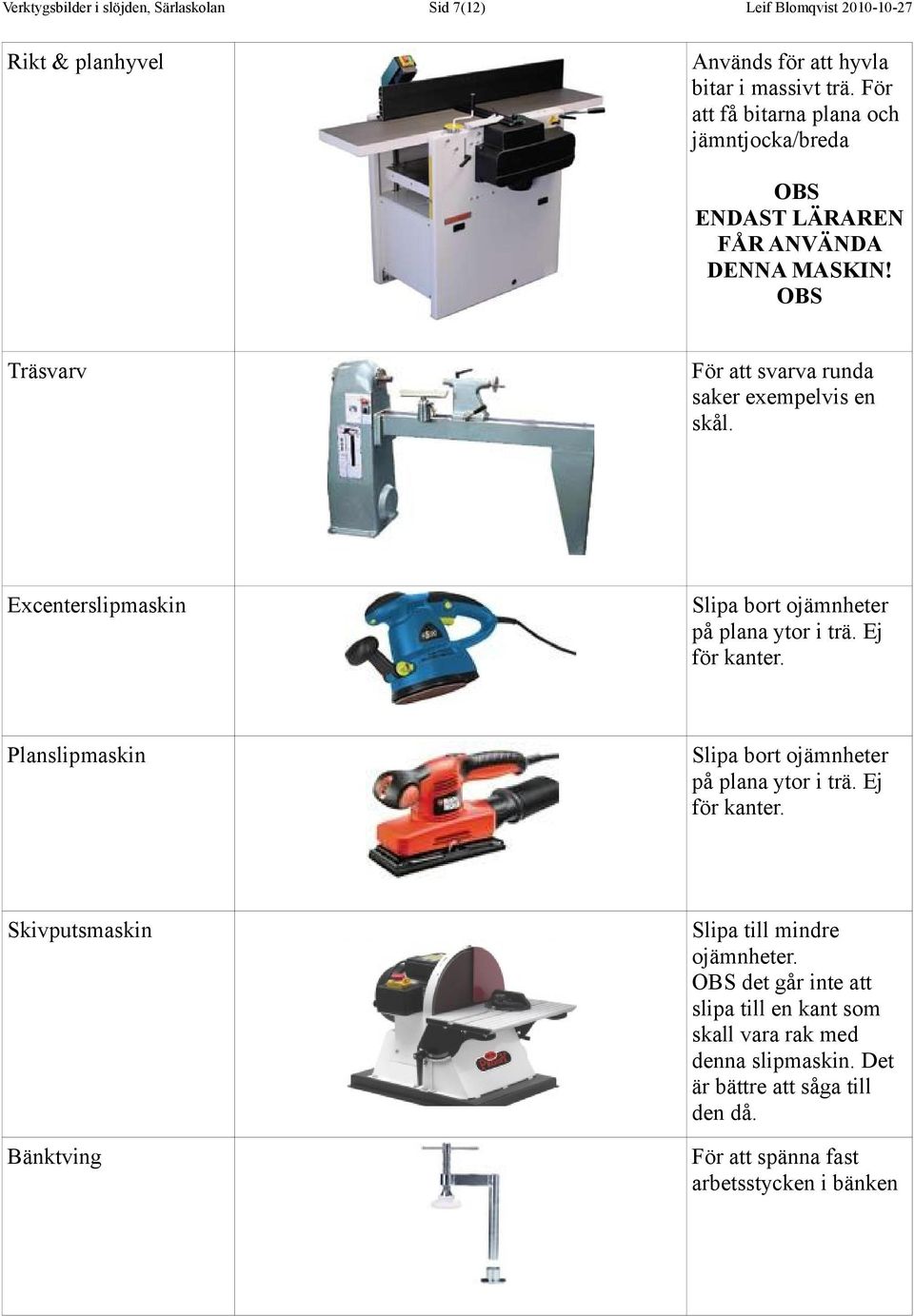 OBS Träsvarv För att svarva runda saker exempelvis en skål. Excenterslipmaskin Slipa bort ojämnheter på plana ytor i trä. Ej för kanter.
