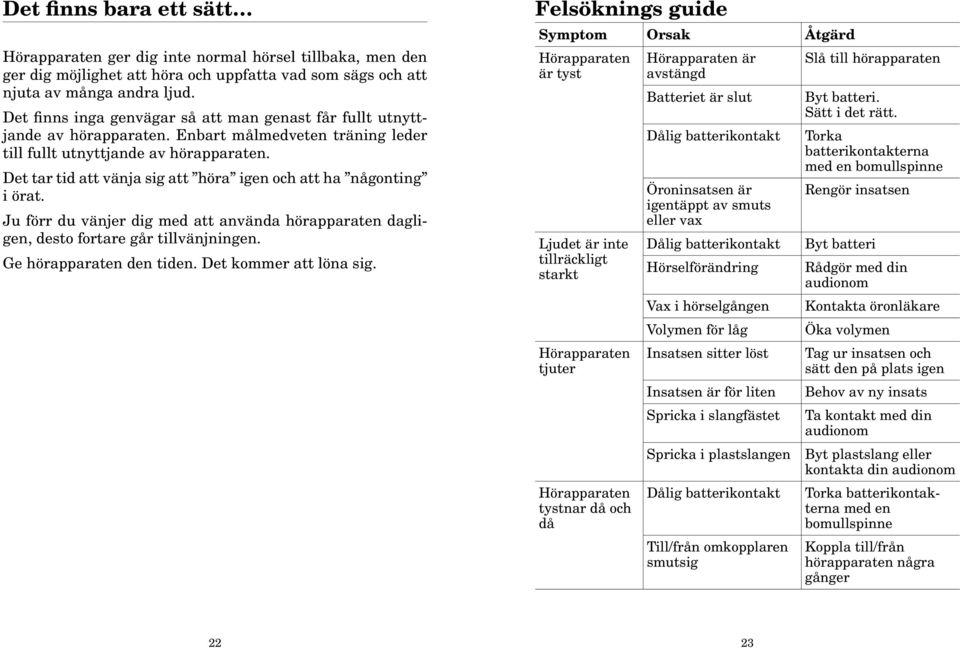 Det tar tid att vänja sig att höra igen och att ha någonting i örat. Ju förr du vänjer dig med att använda hörapparaten dagligen, desto fortare går tillvänjningen. Ge hörapparaten den tiden.