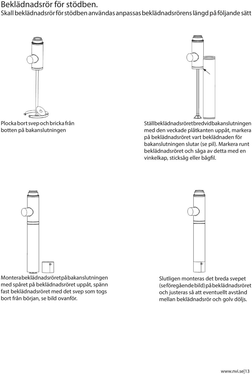 bakanslutningen med den veckade plåtkanten uppåt, markera på beklädnadsröret vart beklädnaden för bakanslutningen slutar (se pil).