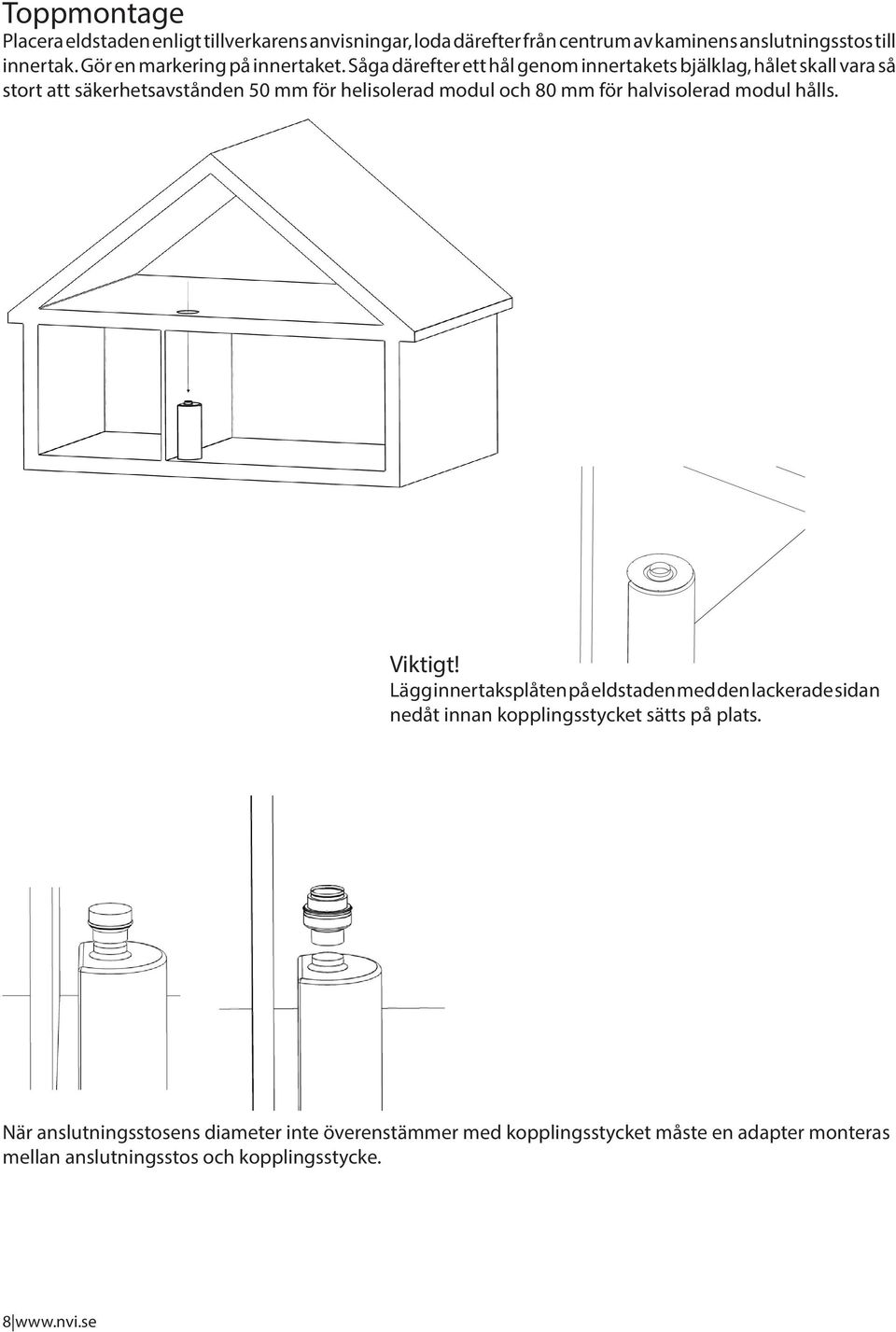 Såga därefter ett hål genom innertakets bjälklag, hålet skall vara så stort att säkerhetsavstånden 50 mm för helisolerad modul och 80 mm för