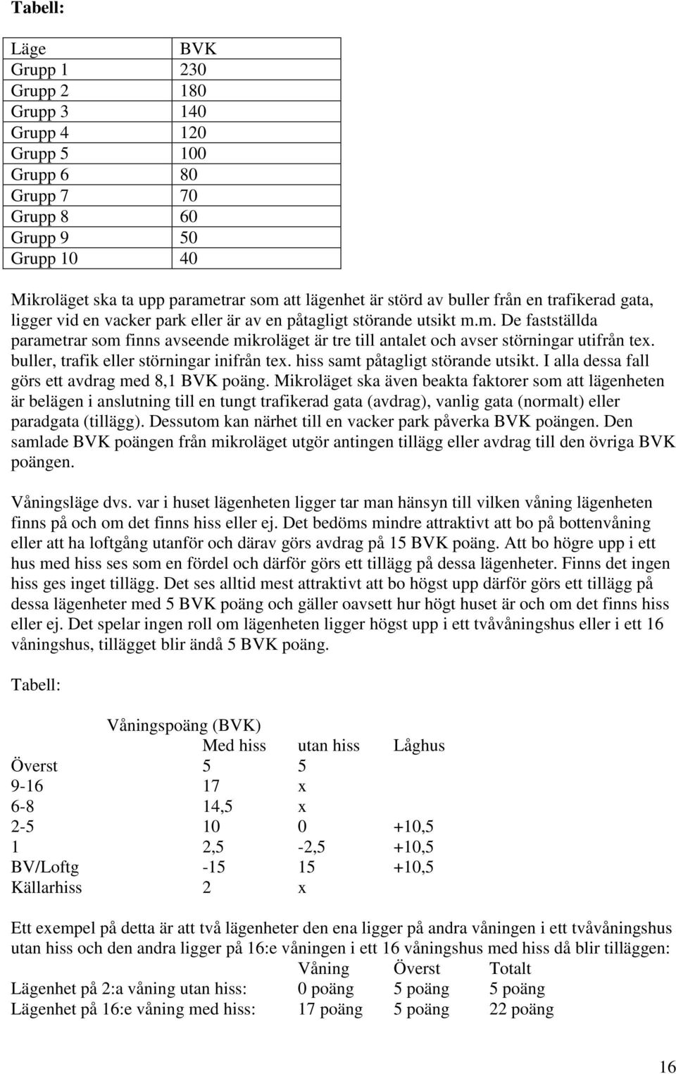 m. De fastställda parametrar som finns avseende mikroläget är tre till antalet och avser störningar utifrån tex. buller, trafik eller störningar inifrån tex. hiss samt påtagligt störande utsikt.