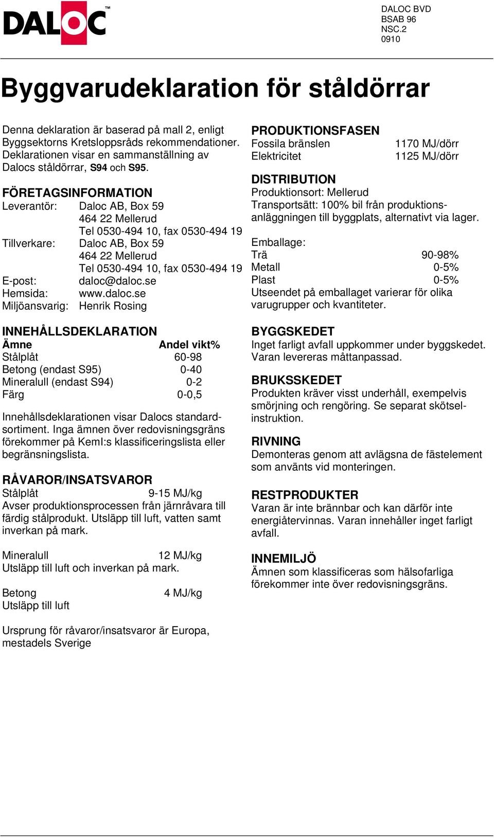 FÖRETGSINFORMTION Leverantör: Daloc B, Box 59 464 22 Mellerud Tel 0530-494 10, fax 0530-494 19 Tillverkare: Daloc B, Box 59 464 22 Mellerud Tel 0530-494 10, fax 0530-494 19 E-post: daloc@daloc.