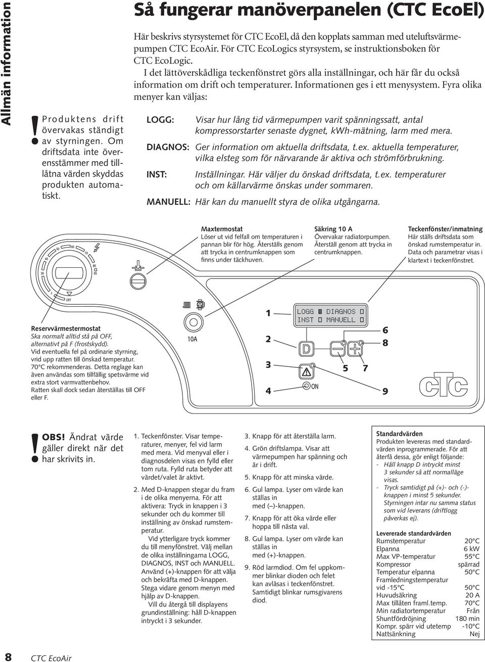 I det lättöverskådliga teckenfönstret görs alla inställningar, och här får du också information om drift och temperaturer. Informationen ges i ett menysystem.