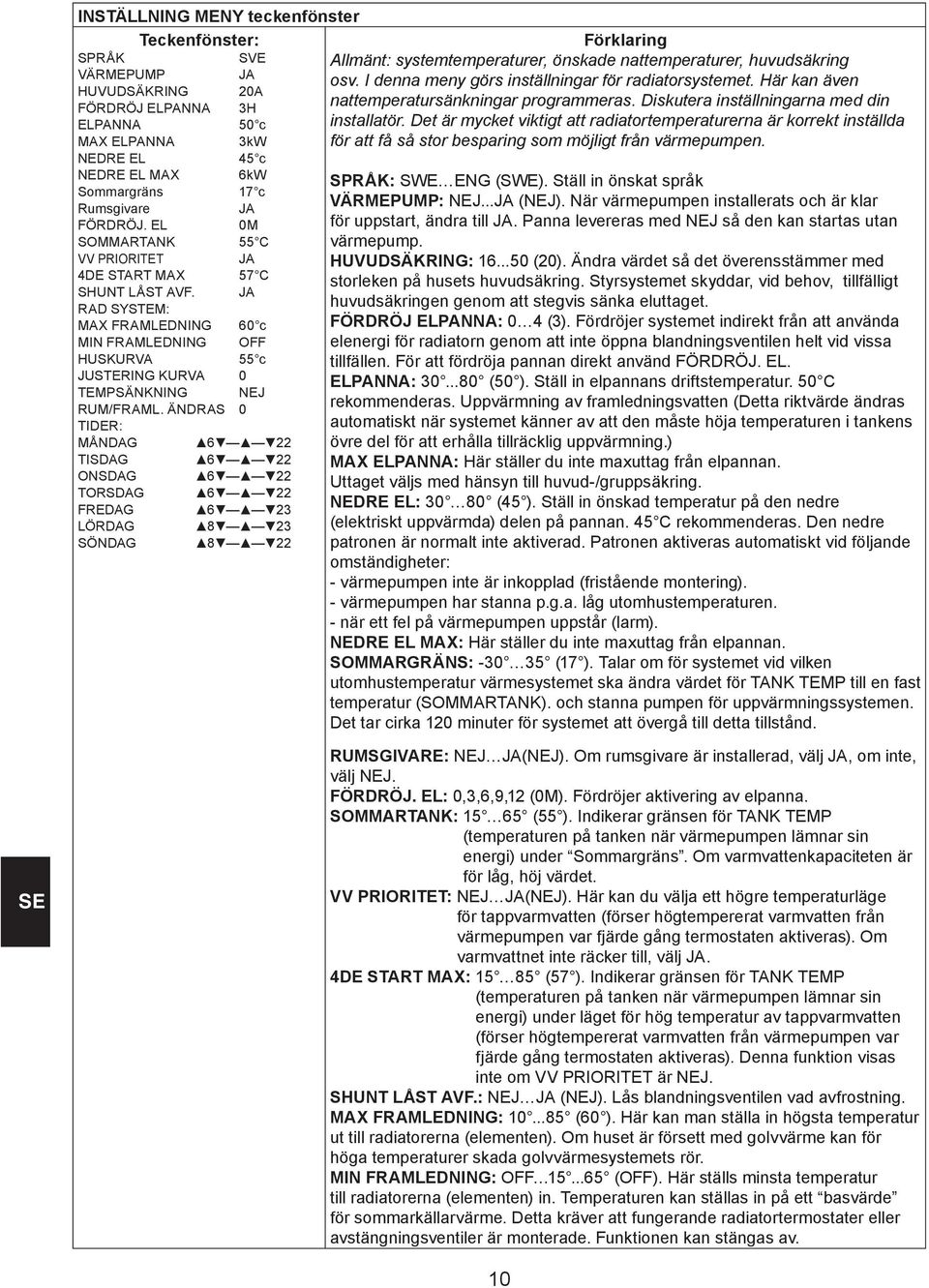 ÄNDRAS 0 TIR: MÅNDAG 6 22 TISDAG 6 22 ONSDAG 6 22 TORSDAG 6 22 EDAG 6 23 LÖRDAG 8 23 SÖNDAG 8 22 Förklaring Allmänt: systemtemperaturer, önskade nattemperaturer, huvudsäkring osv.
