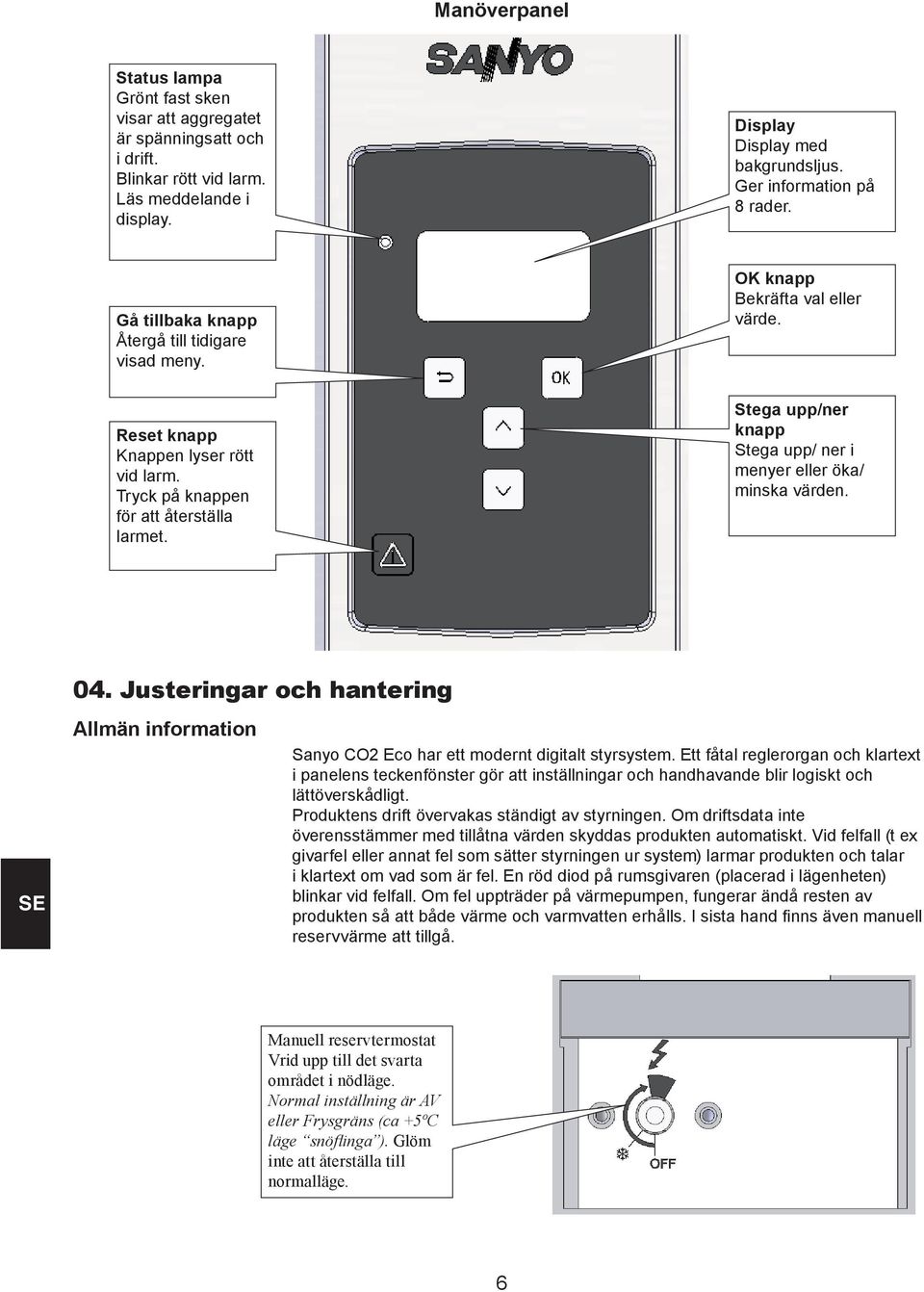 Stega upp/ner knapp Stega upp/ ner i menyer eller öka/ minska värden. 04. Justeringar och hantering Allmän information Sanyo CO2 Eco har ett modernt digitalt styrsystem.