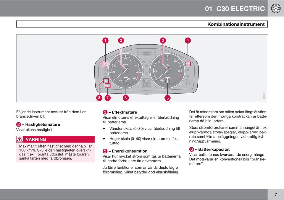 Vänster skala (0 30) visar återladdning till batterierna. Höger skala (0 40) visar elmotorns effektuttag.