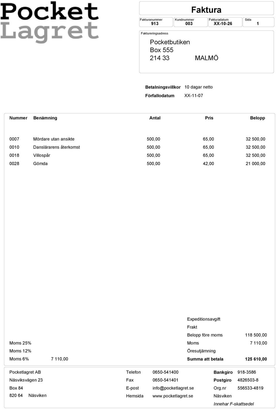 21 000,00 Moms 25% Moms 12% Moms 6% 7 110,00 Expeditionsavgift Frakt Belopp före moms Moms Öresutjämning Summa att betala 118 500,00 7 110,00 125 610,00 Pocketlagret AB Näsviksvägen 23 Box