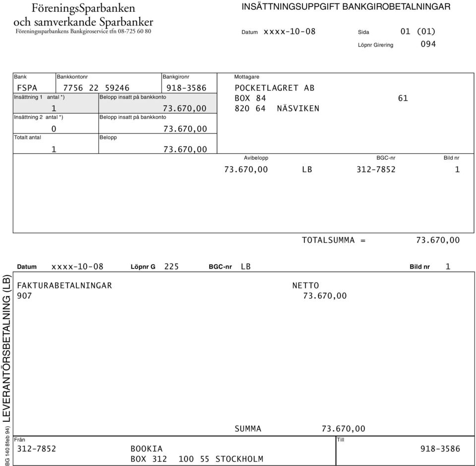 670,00 820 64 NÄSVIKEN Insättning 1 antal *) Belopp insatt på bankkonto Insättning 2 antal *) Belopp insatt på bankkonto 0 73.670,00 Totalt antal Belopp 1 73.