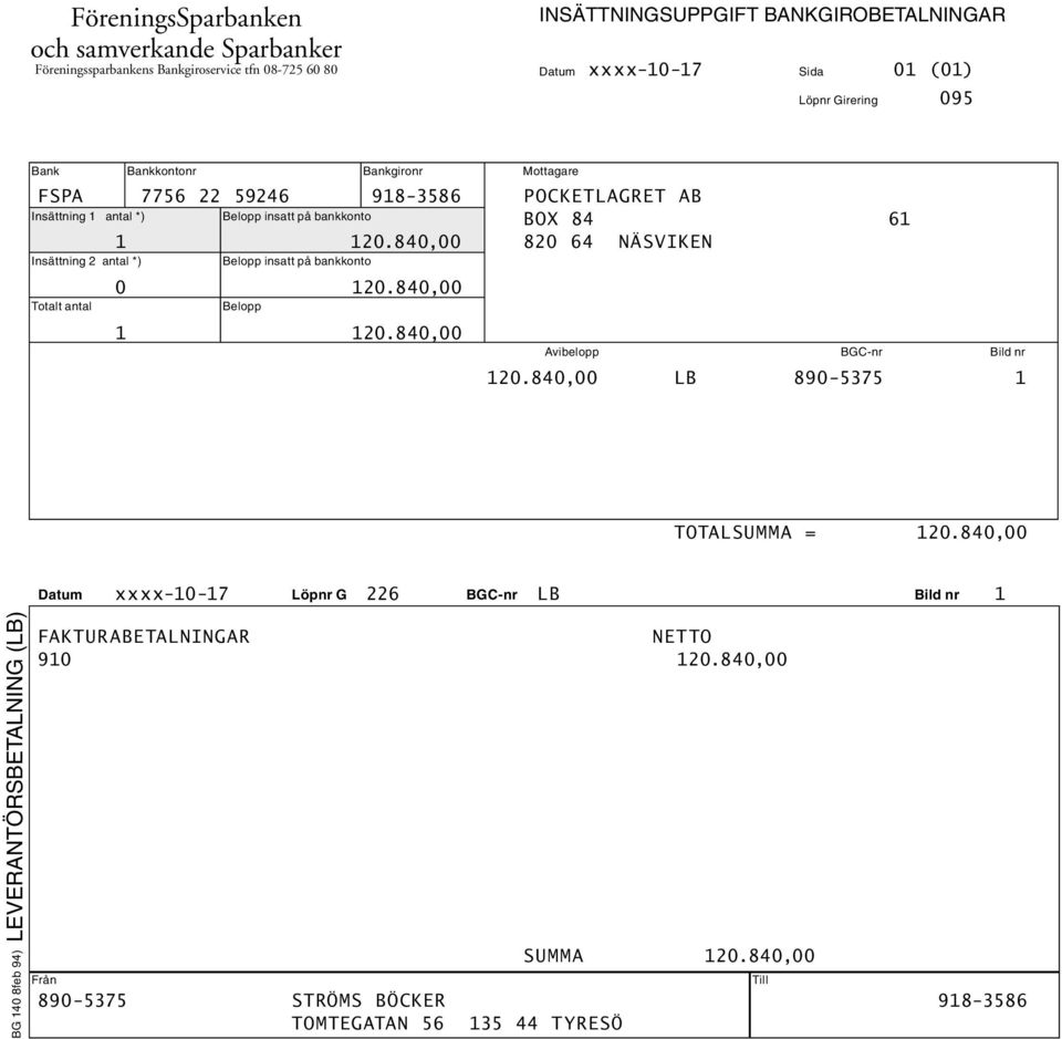 840,00 820 64 NÄSVIKEN Insättning 1 antal *) Belopp insatt på bankkonto Insättning 2 antal *) Belopp insatt på bankkonto 0 120.840,00 Totalt antal Belopp 1 120.