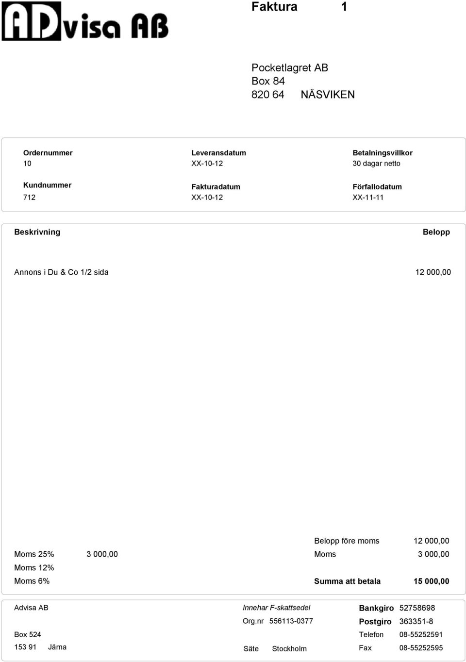 före moms 12 000,00 Moms 25% 3 000,00 Moms 3 000,00 Moms 12% Moms 6% Summa att betala 15 000,00 Advisa AB Innehar