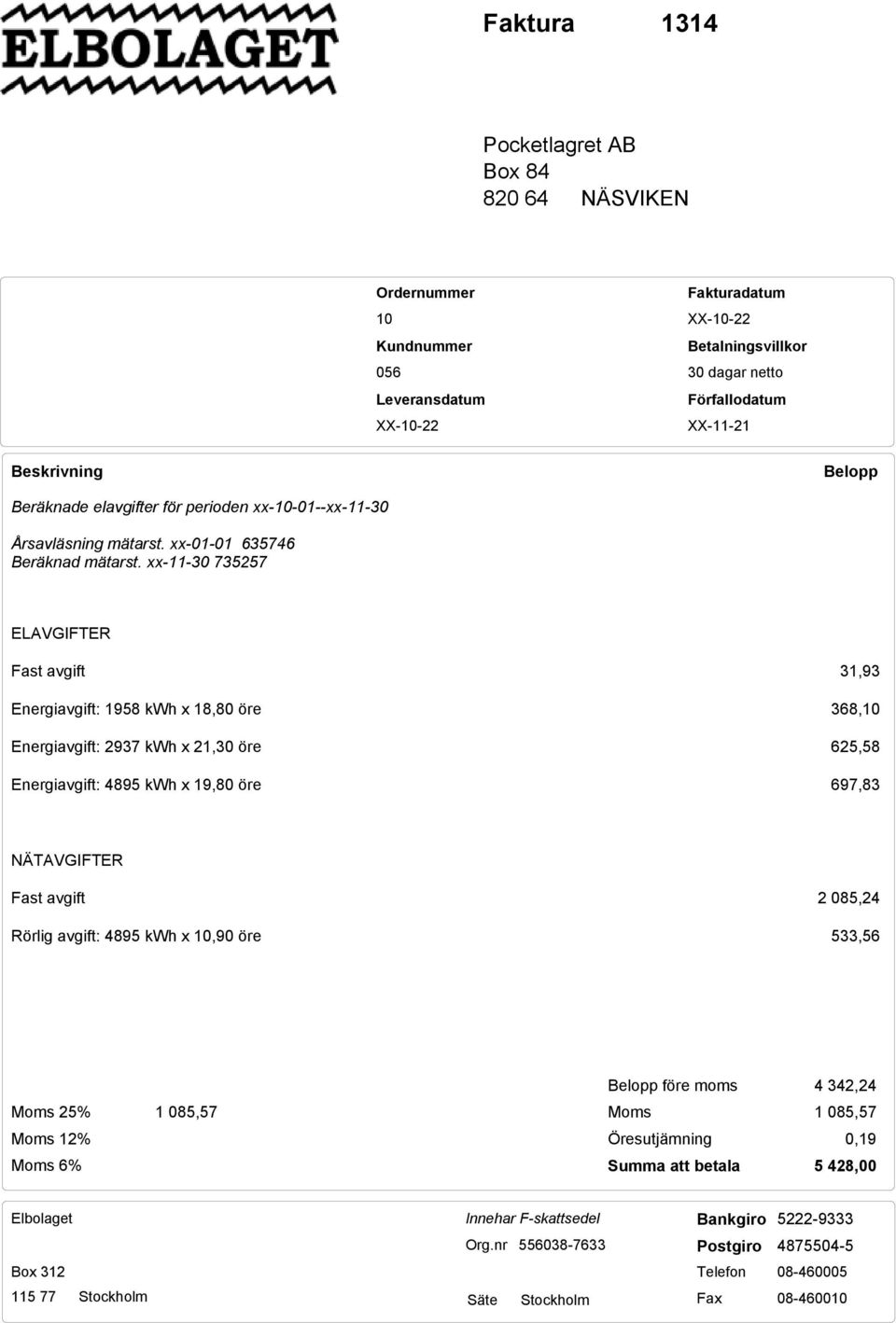 xx-11-30 735257 ELAVGIFTER Fast avgift Energiavgift: 1958 kwh x 18,80 öre Energiavgift: 2937 kwh x 21,30 öre Energiavgift: 4895 kwh x 19,80 öre 31,93 368,10 625,58 697,83 NÄTAVGIFTER Fast avgift