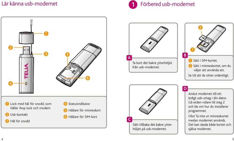 4 1 Lock med hål för snodd, som håller ihop lock och modem 2 Usb-kontakt 3 Hål för snodd 6 4 Statusindikator 5 Hållare för minneskort 6 Hållare för SIM-kort C Sätt