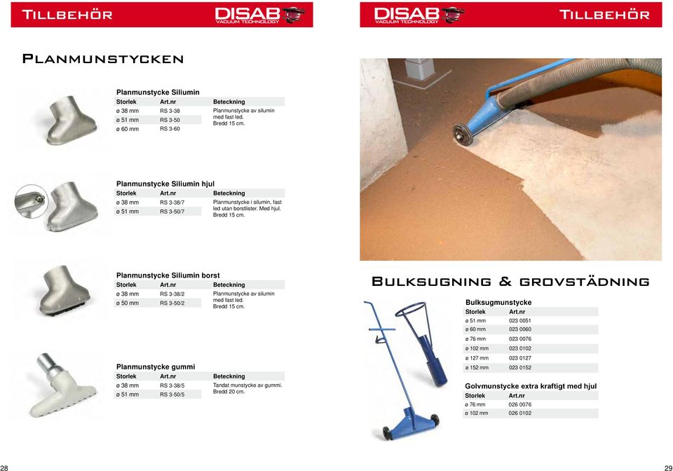 Planmunstycke Siliumin borst ø 38 mm RS 3-38/2 Planmunstycke av silumin ø 50 mm RS 3-50/2 med fast led. Bredd 15 cm. Planmunstycke gummi ø 38 mm RS 3-38/5 Tandat munstycke av gummi.
