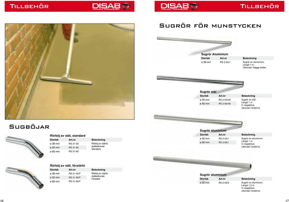 ø 60 mm RS 31-60 Sugrör aluminium ø 50 mm RS 2-50/1 Sugrör av aluminium. ø 60 mm RS 2-60/1 Längd 1 m. In respektive utkonad i ändarna.