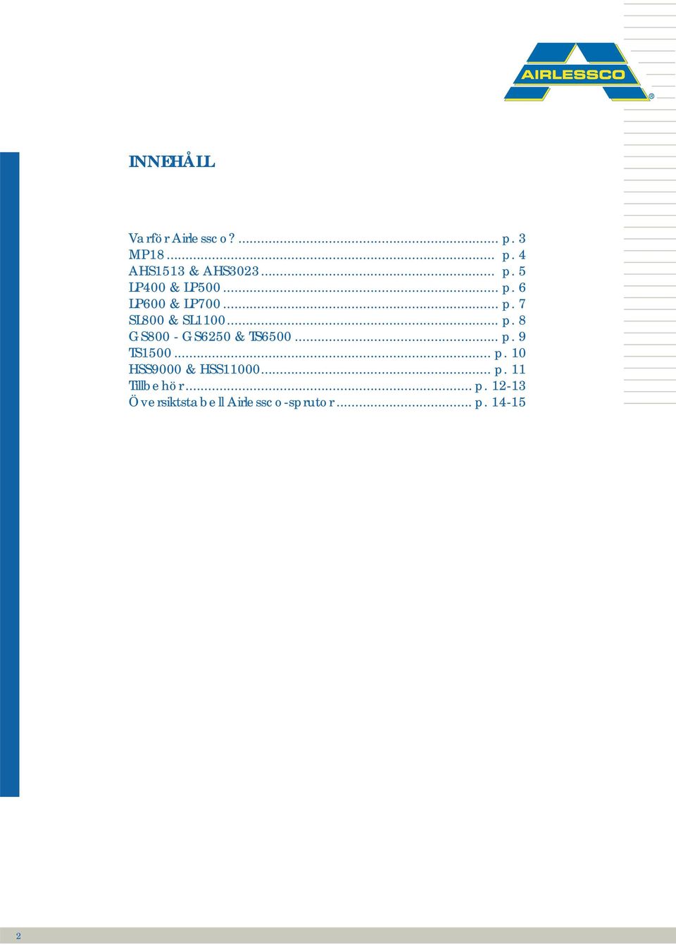 .. p. 9 TS1500... p. 10 HSS9000 & HSS11000... p. 11 Tillbehör... p. 12-13 Översiktstabell Airlessco-sprutor.