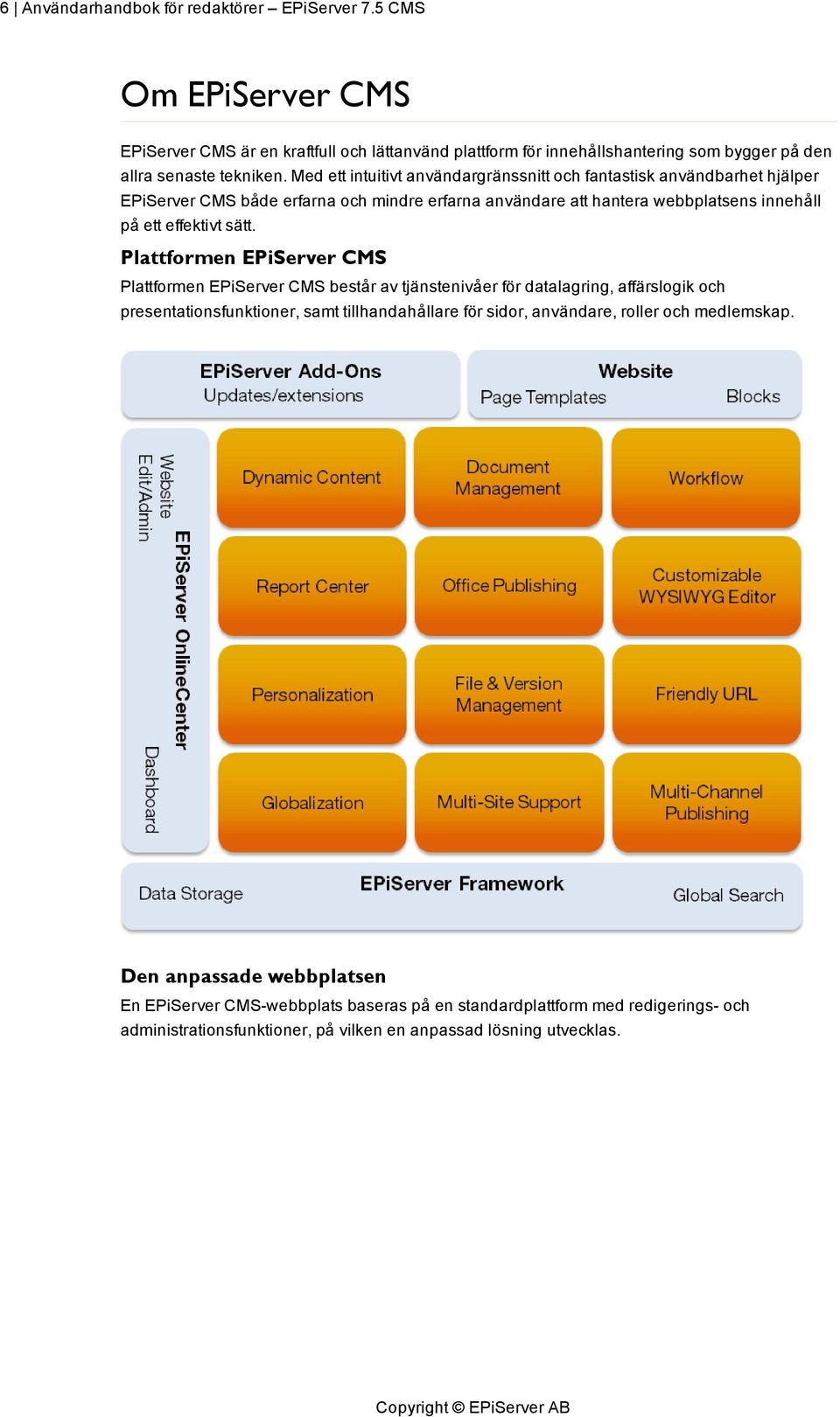 Plattformen EPiServer CMS Plattformen EPiServer CMS består av tjänstenivåer för datalagring, affärslogik och presentationsfunktioner, samt tillhandahållare för sidor, användare, roller