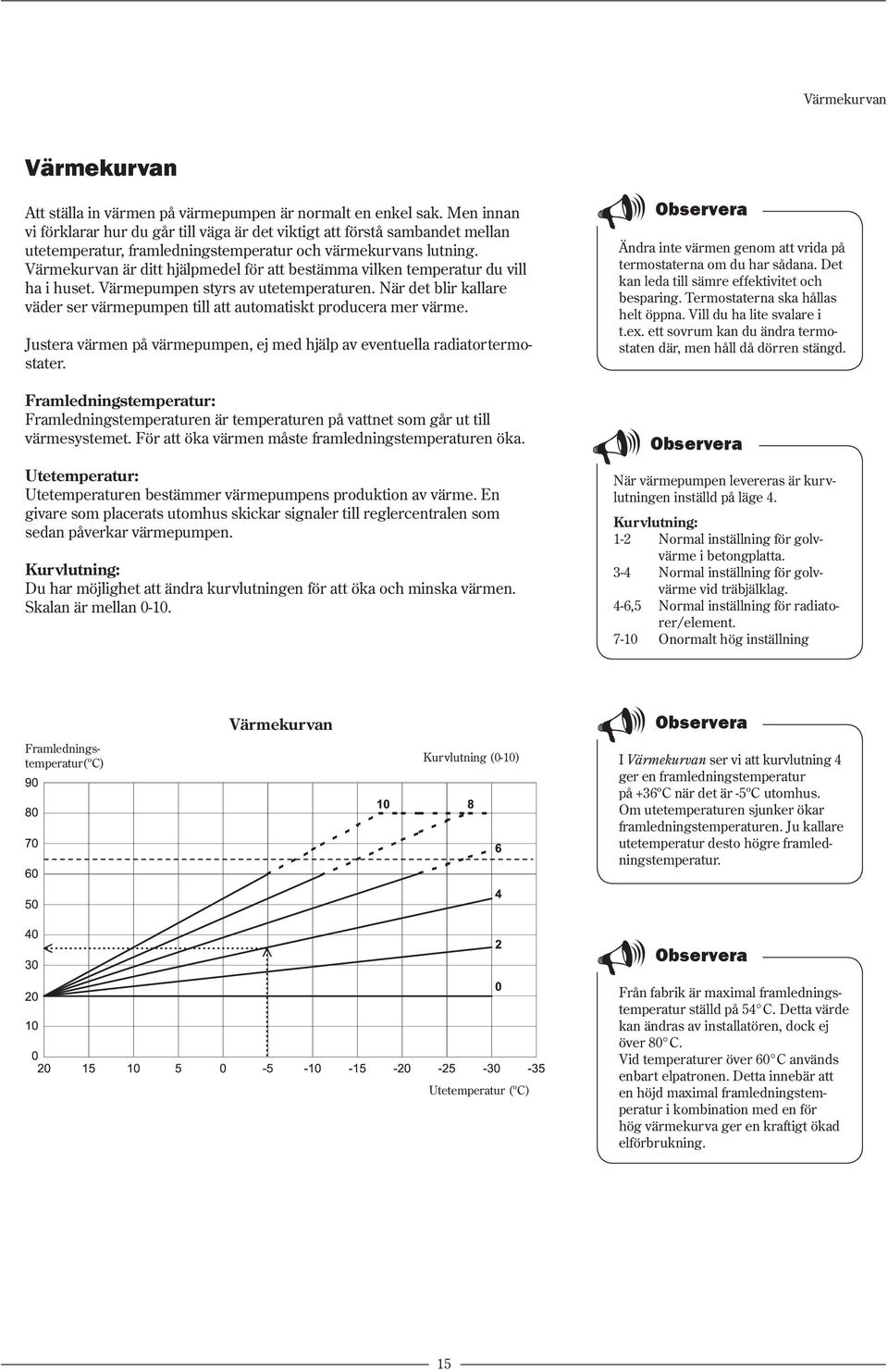 Värmekurvan är ditt hjälpmedel för att bestämma vilken temperatur du vill ha i huset. Värmepumpen styrs av utetemperaturen.