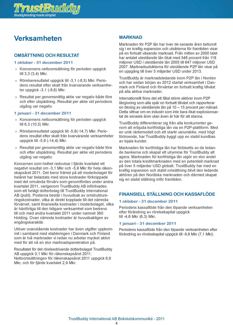 Resultat per aktie vid periodens utgång var negativ. 1 januari - 31 december 2011 Koncernens nettoomsättning för perioden uppgick till 6,3 (10,5) Mkr. Rörelseresultatet uppgick till -5,8(-14,7) Mkr.