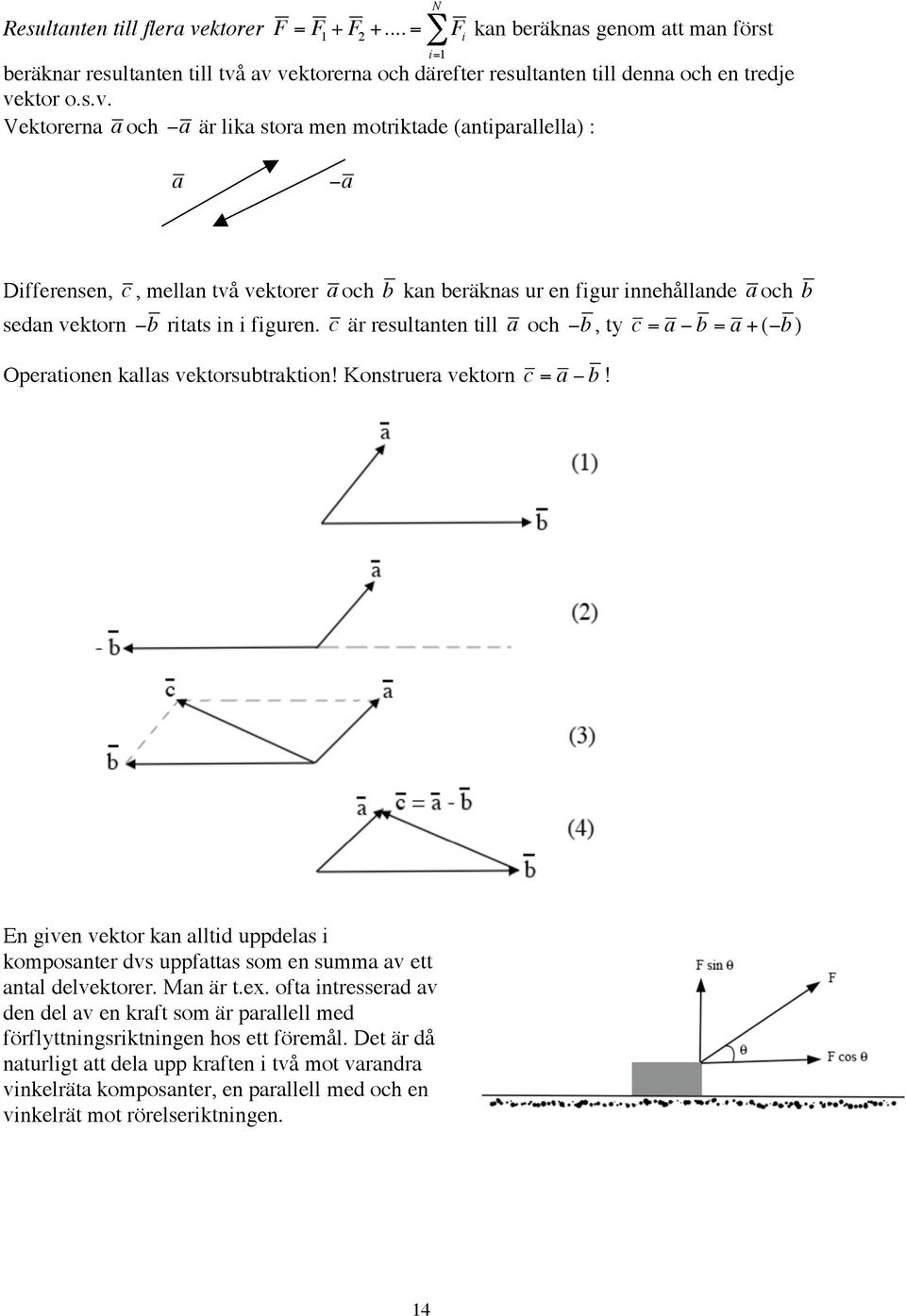 av vektorerna och därefter resultanten till denna och en tredje vektor o.s.v. Vektorerna a och "a är lika stora men motriktade (antiparallella) : a "a Differensen, i=1 c, mellan två vektorer a och b