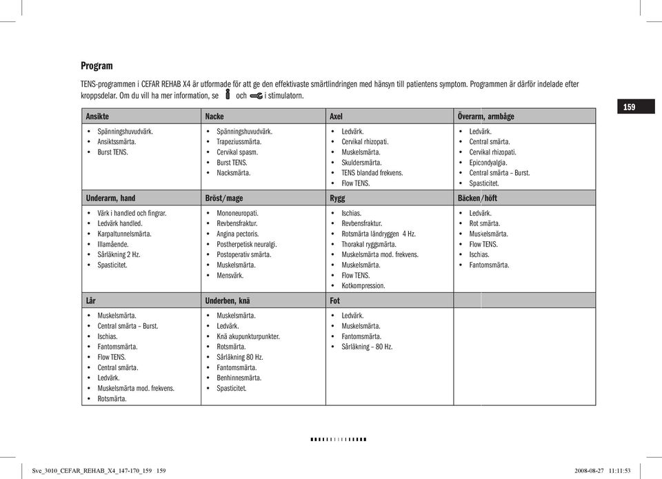 Ledvärk. Cervikal rhizopati. Muskelsmärta. Skuldersmärta. TENS blandad frekvens. Flow TENS. Underarm, hand Bröst/mage Rygg Bäcken/höft Värk i handled och fingrar. Ledvärk handled. Karpaltunnelsmärta.
