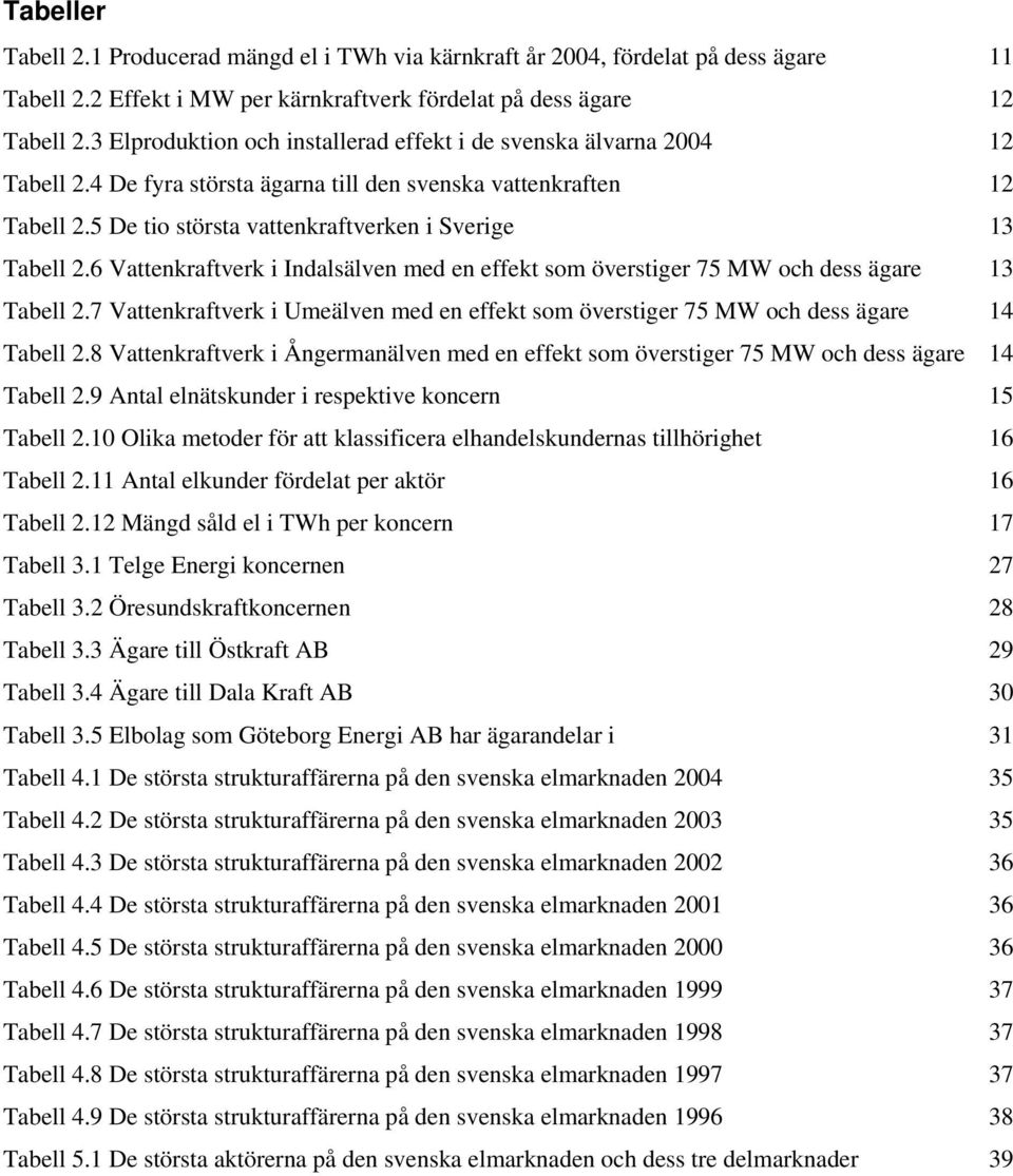 5 De tio största vattenkraftverken i Sverige 13 Tabell 2.6 Vattenkraftverk i Indalsälven med en effekt som överstiger 75 MW och dess ägare 13 Tabell 2.